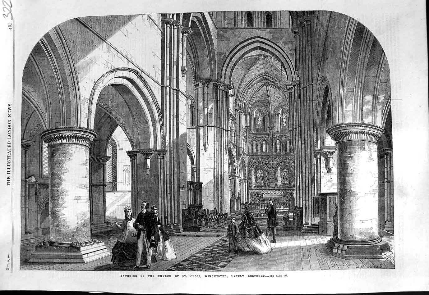 Old Antique Print 1865 Interior Church St. Cross Winchester Architecture 19th