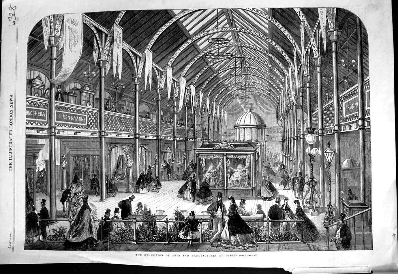 Original Old Antique Print 1864 Exhibition Arts Manufactures Dublin Ireland