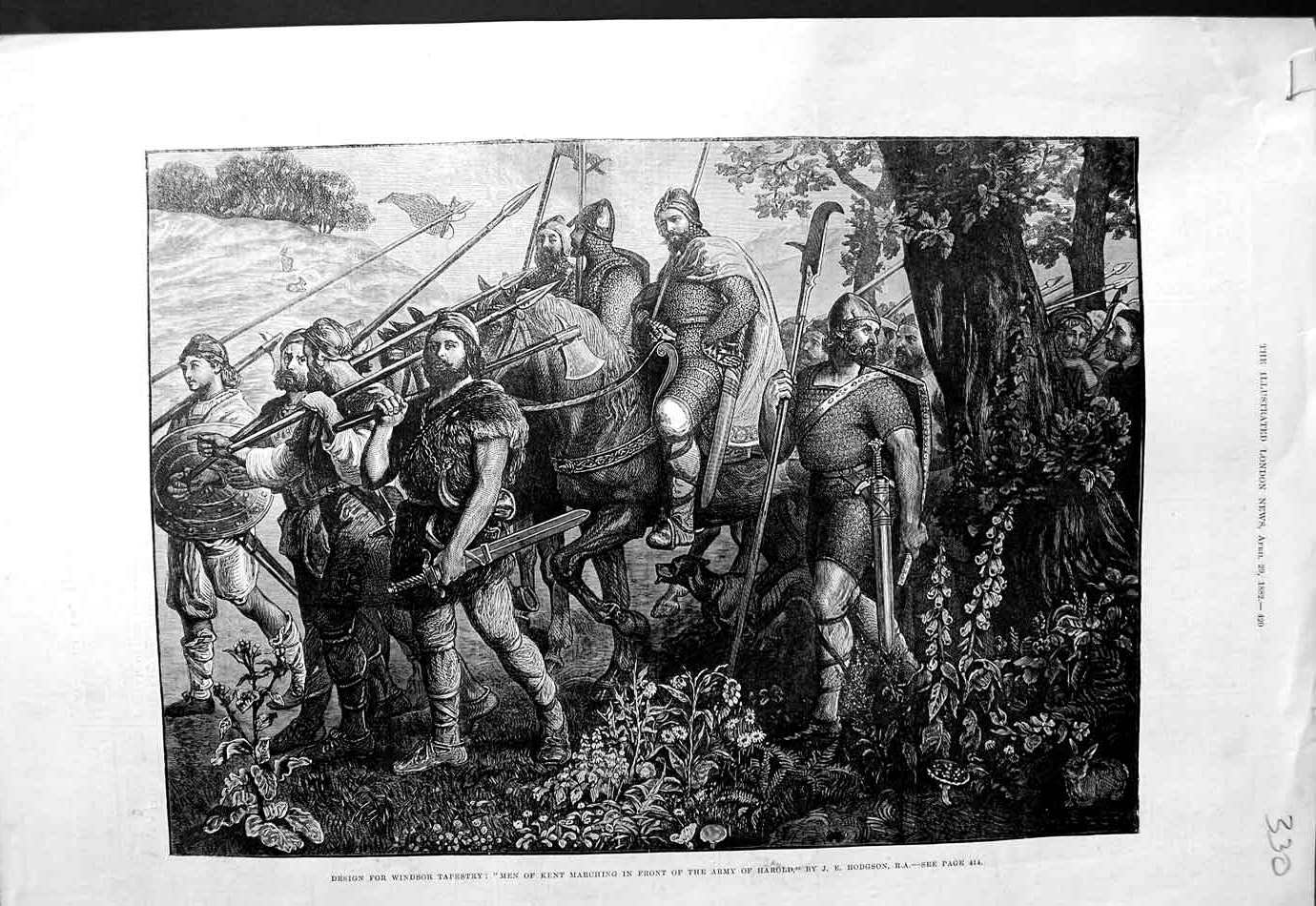 Original Old Antique Print 1882 Men Kent Marching Army HarTapestry Windsor 19th