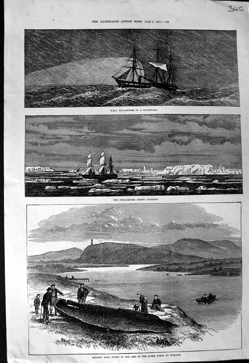 Old Antique Print 1874 Boat River Forth Striling Challenger Ship Iceland 19th