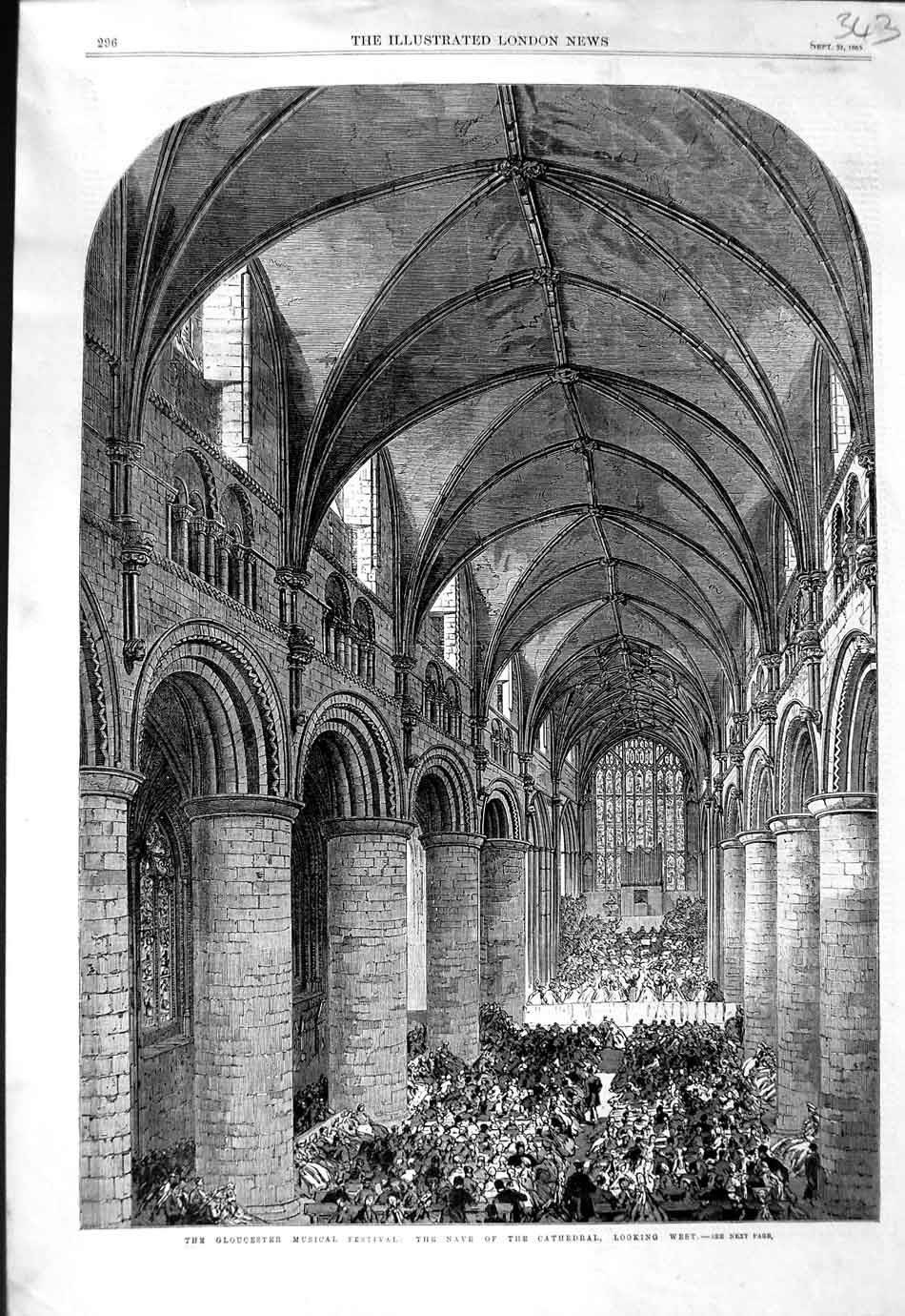 Original Old Antique Print 1865 Gloucester Musical Festival Nave Cathedral 19th