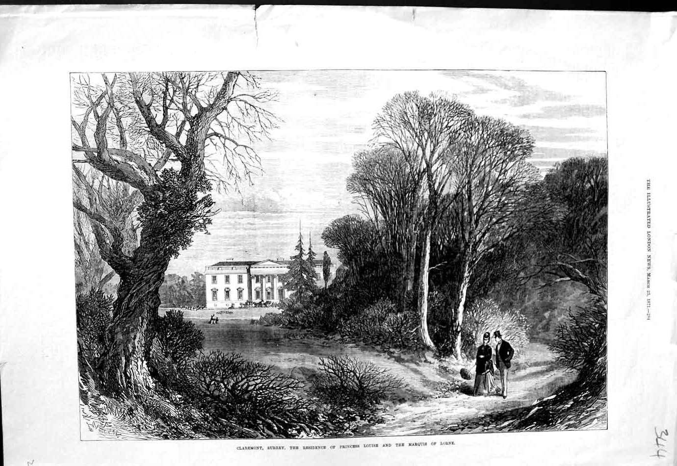 Original Old Antique Print 1871 Claremont Surrey Princess Louise Marquis Lorne