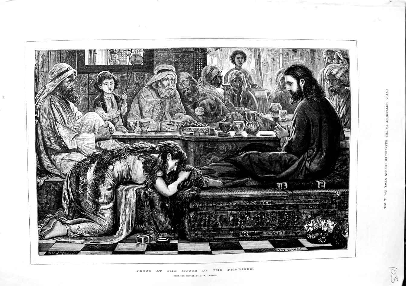 Original Old Antique Print 1881 Scene Jesus House Pharisee Lawson Fine Art 19th