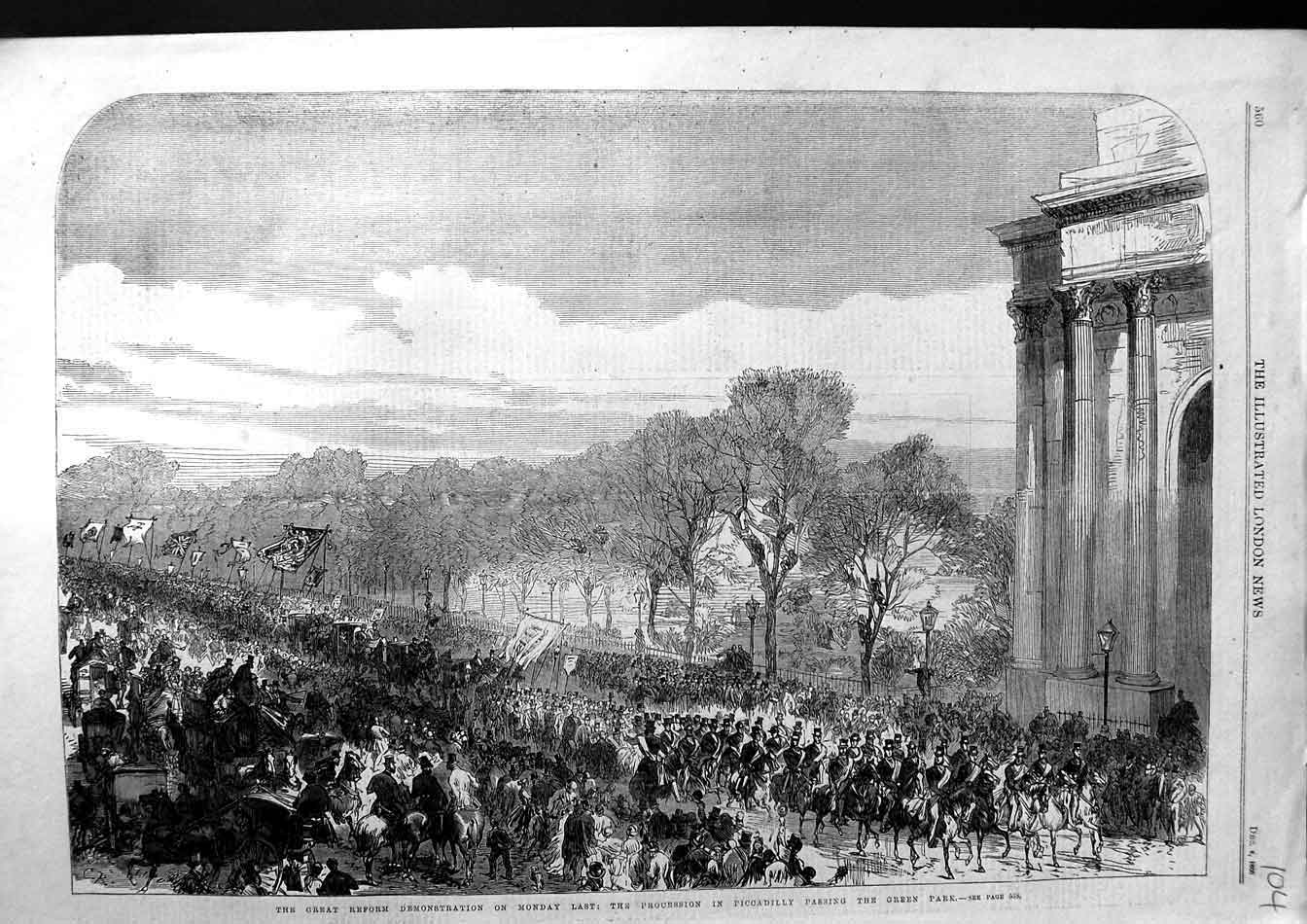 Old Antique Print 1866 Reform Demonstration Piccadilly Green Park London 19th