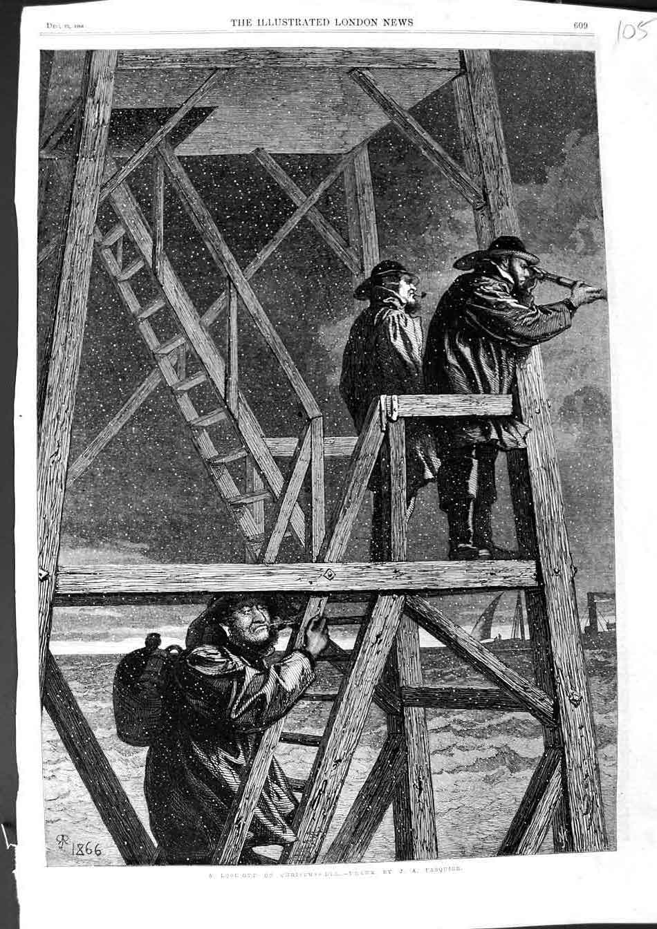 Original Old Antique Print 1866 Pasquier Fine Art Look-Out Christmas Eve Snow