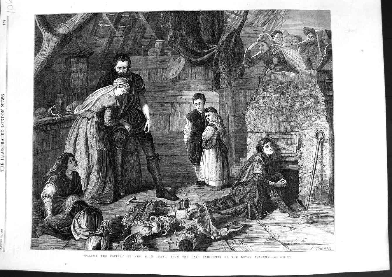 Old Antique Print 1866 War Fine Art Scene Palissy Potter Children House 19th