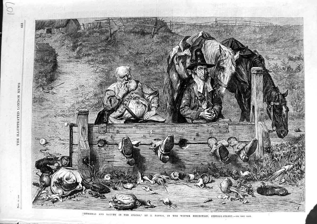 Old Antique Print 1866 Hudibras Ralpho Stocks Men Horses Pettie Fine Art 19th