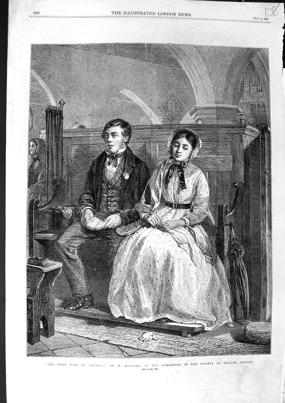 Original Old Antique Print 1869 Hemsley Fine Art Lady Man Church Bible Romance