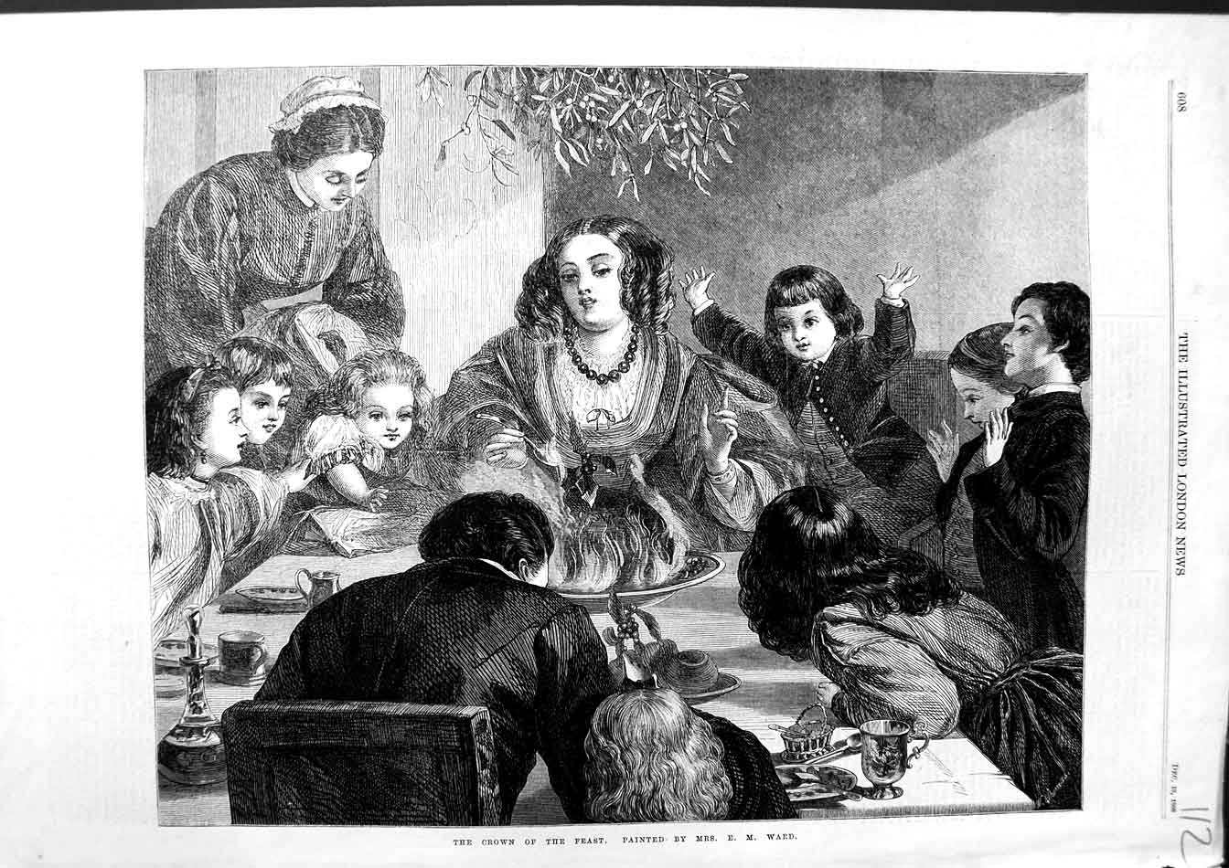 Original Old Antique Print 1868 Ward Fine Art Crown Feast Family Dinner Pudding