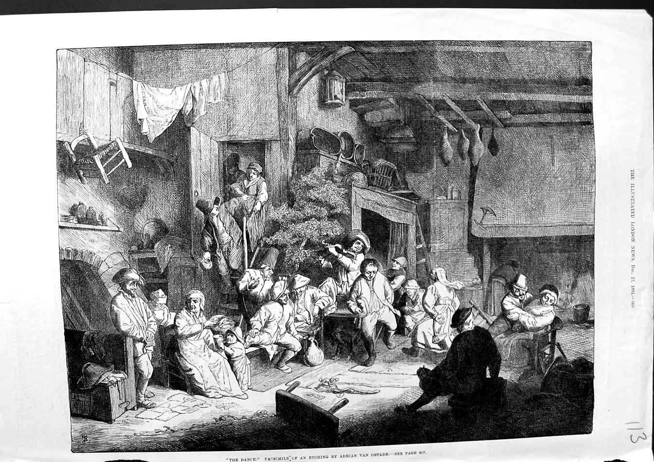 Original Old Antique Print 1881 Dancing Party Etching Adrian Van Ostade 19th