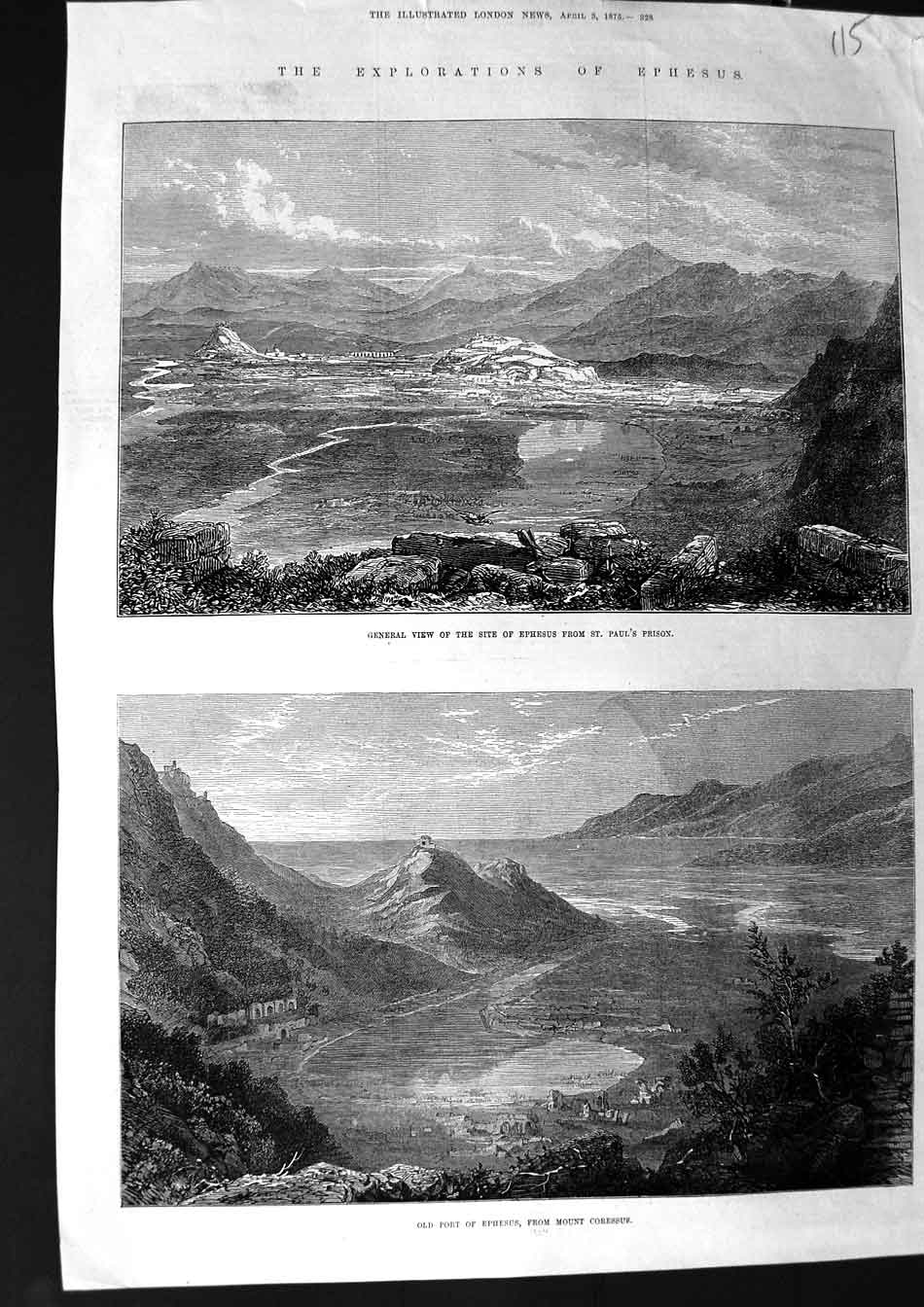 Original Old Antique Print 1875 Port Ephesus Mount Coressus St. Pauls' Prison
