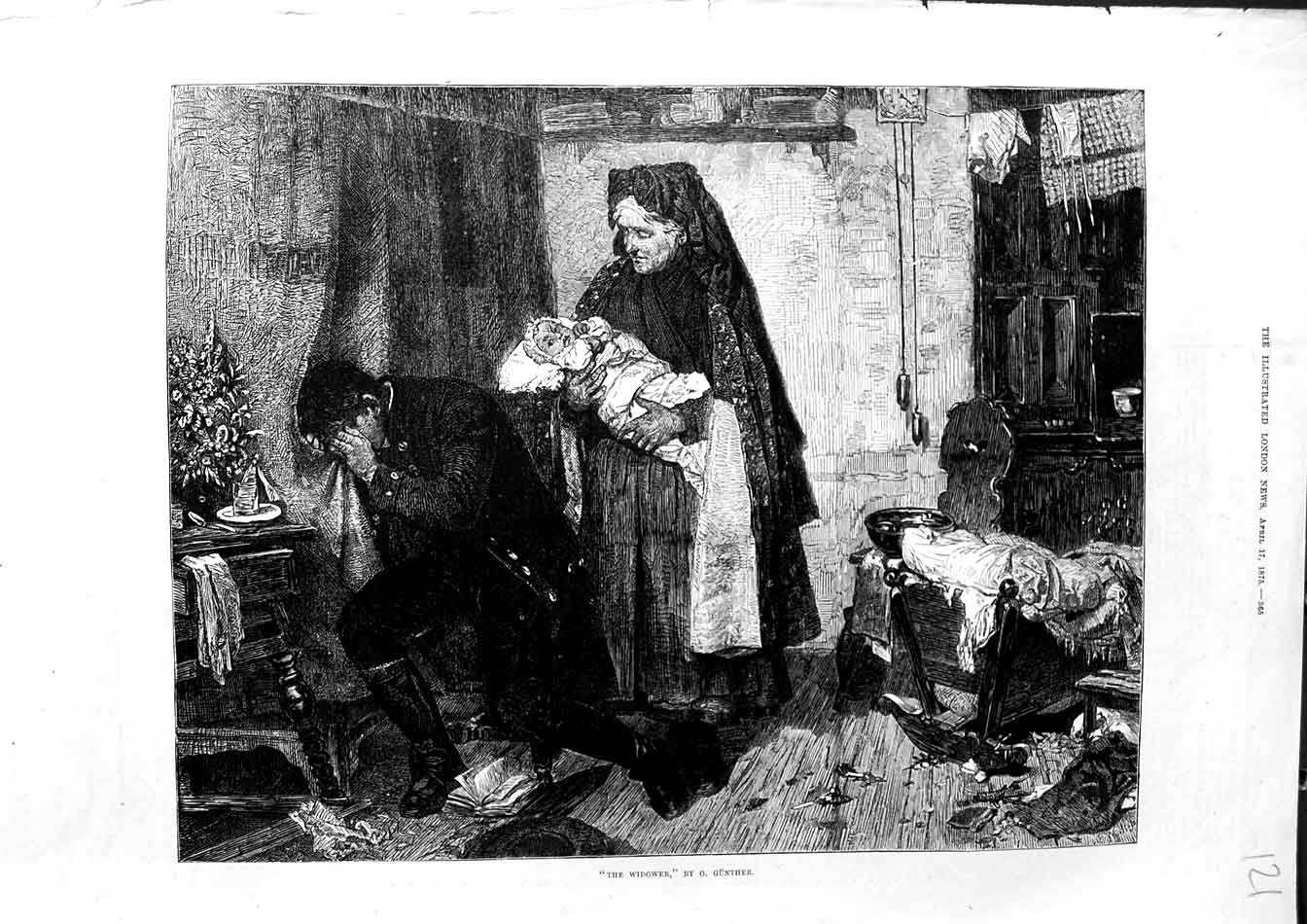 Original Old Antique Print 1875 Gunther Fine Art Widower Baby Lady Victorian