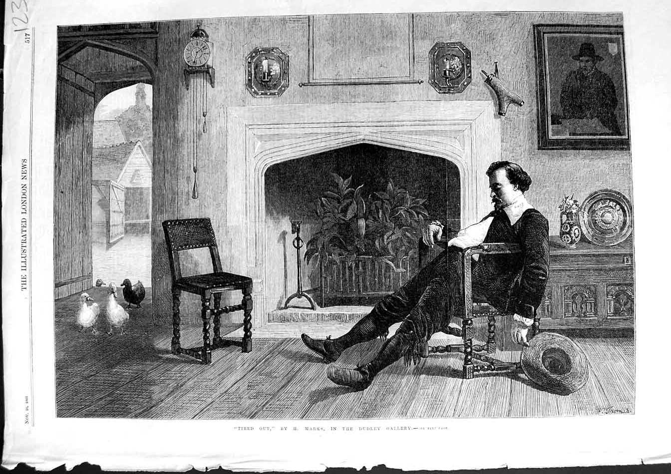 Original Old Antique Print 1868 Dudley Gallery Fine Art Tired Out Man Sleeping