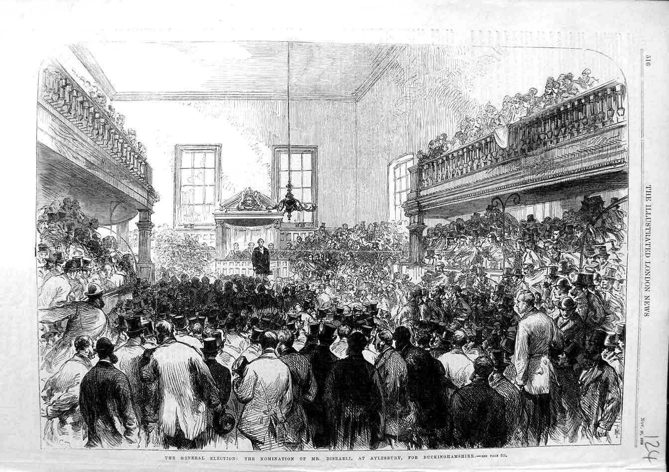 Old Antique Print 1868 General Election Nomination Mr. Disraeli Aylesbury 19th