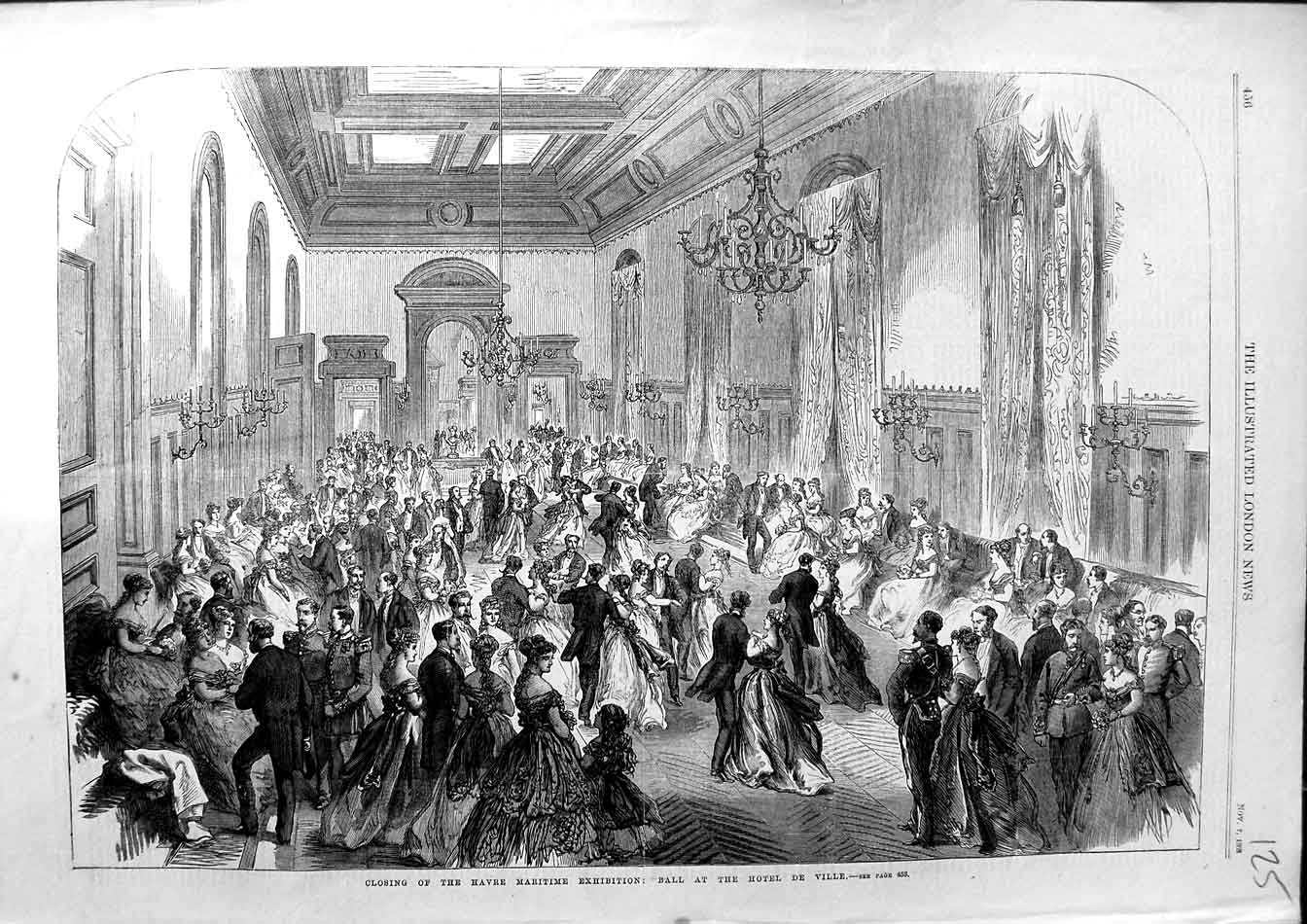 Old Antique Print 1868 Havre Maritime Museum Ball Hotel De Ville France 19th
