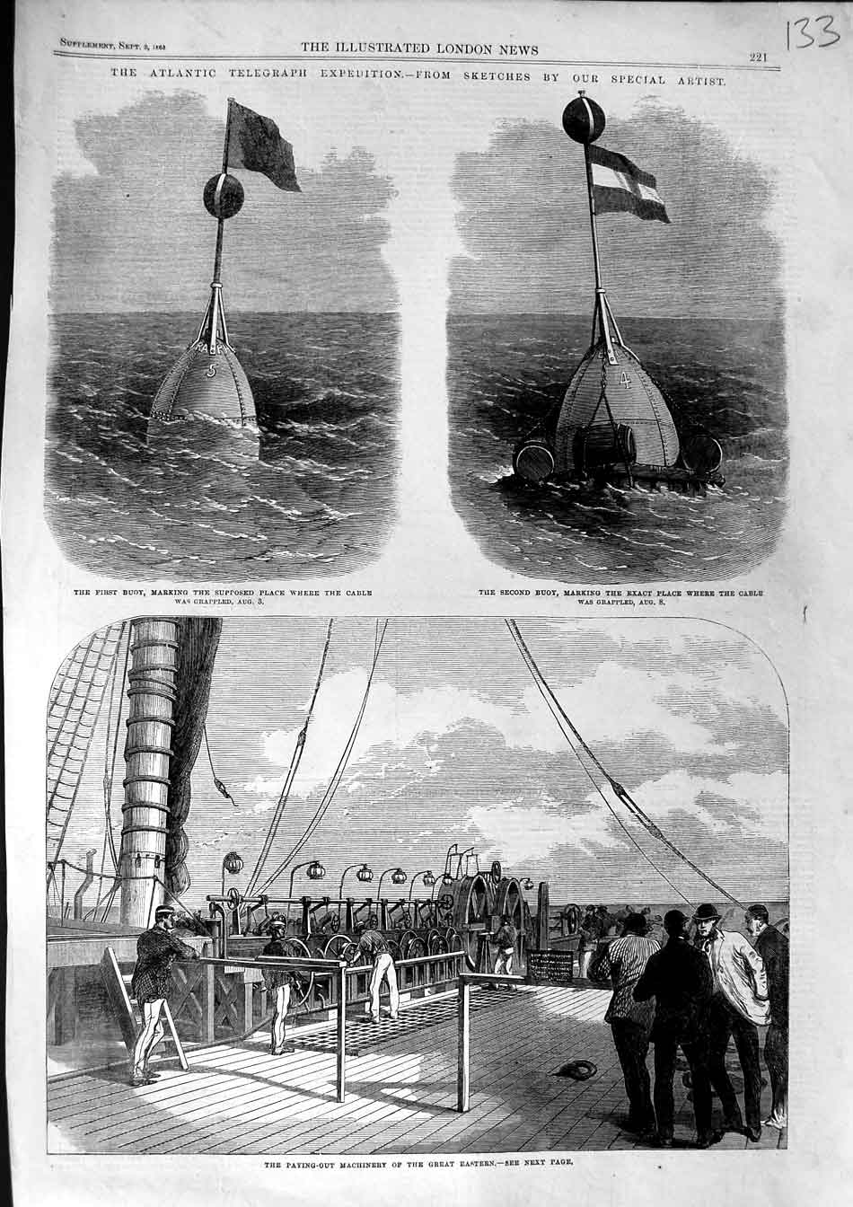 Old Antique Print 1865 Atlantic Telegraph Cable Great Eastern Ship Buoy 19th
