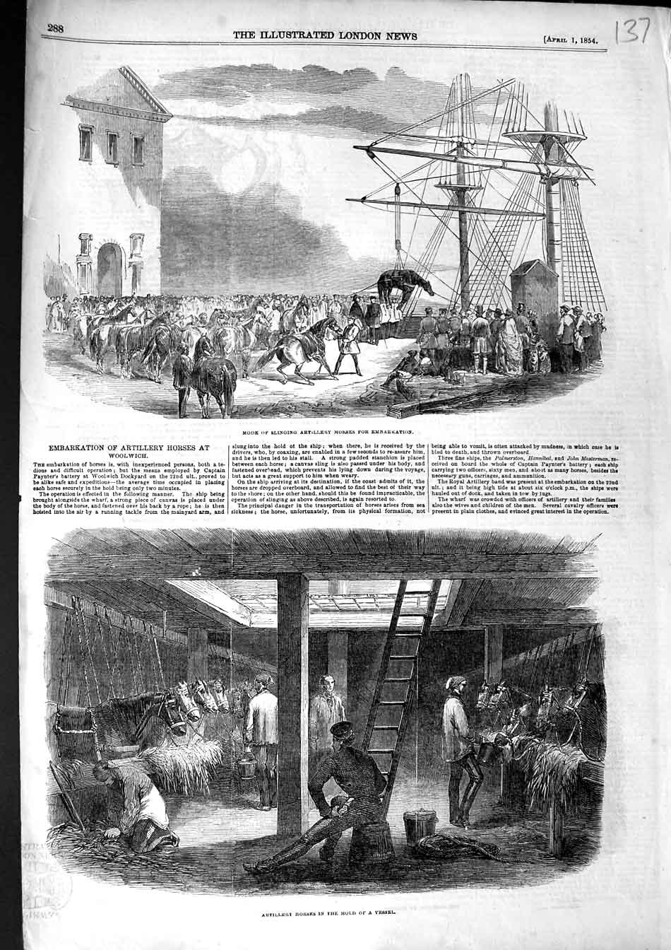 Original Old Antique Print 1854 Embarkation Artillery Horses HShip Slinging