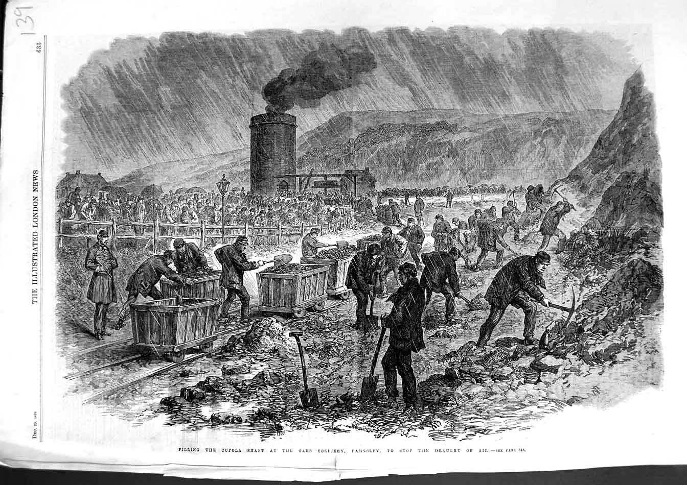 Old Antique Print 1866 Filling Cupola Shaft Oaks Colliery Mining Barnsley 19th