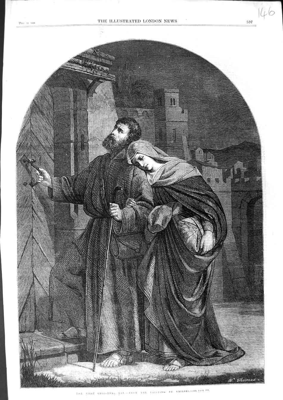 Original Old Antique Print 1866 Kriebel Fine Art Lady Man Christmas Religion
