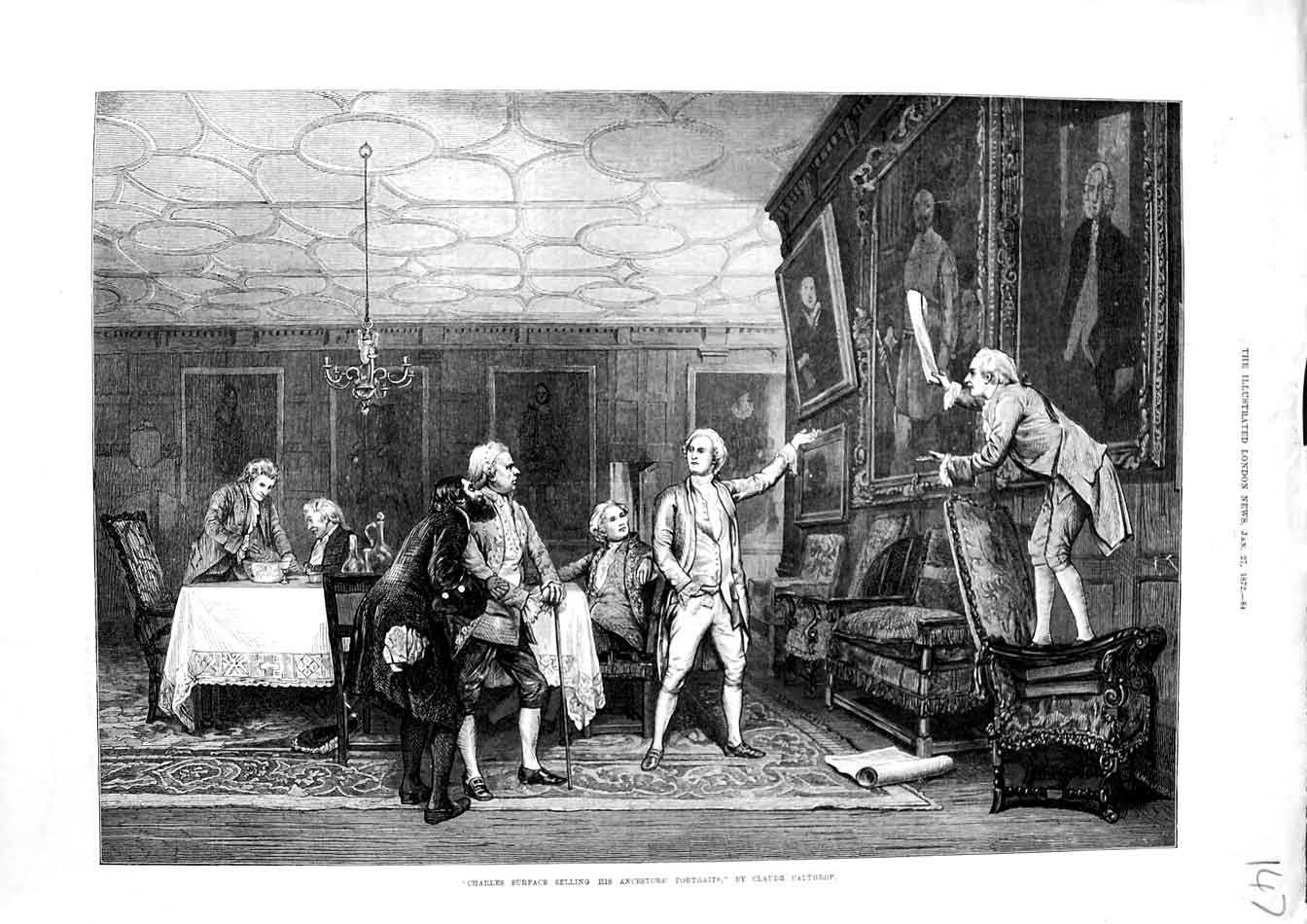 Original Old Antique Print 1872 Charles Surface Selling Ancestors Portraits