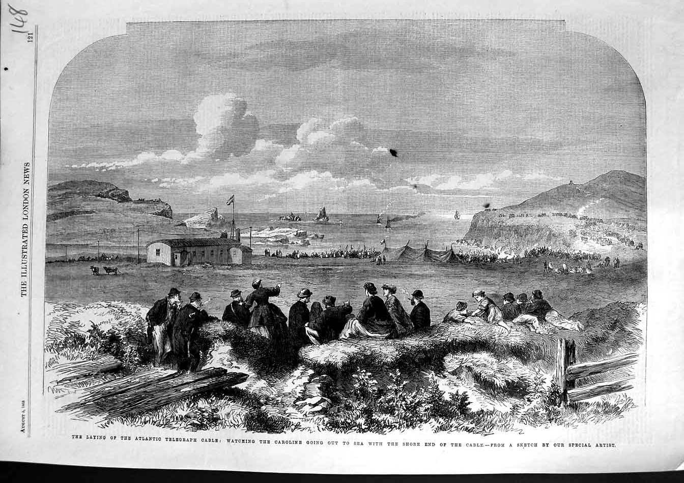 Original Old Antique Print 1865 Atlantic Telegraph Cable Caroline Ship Sea 19th