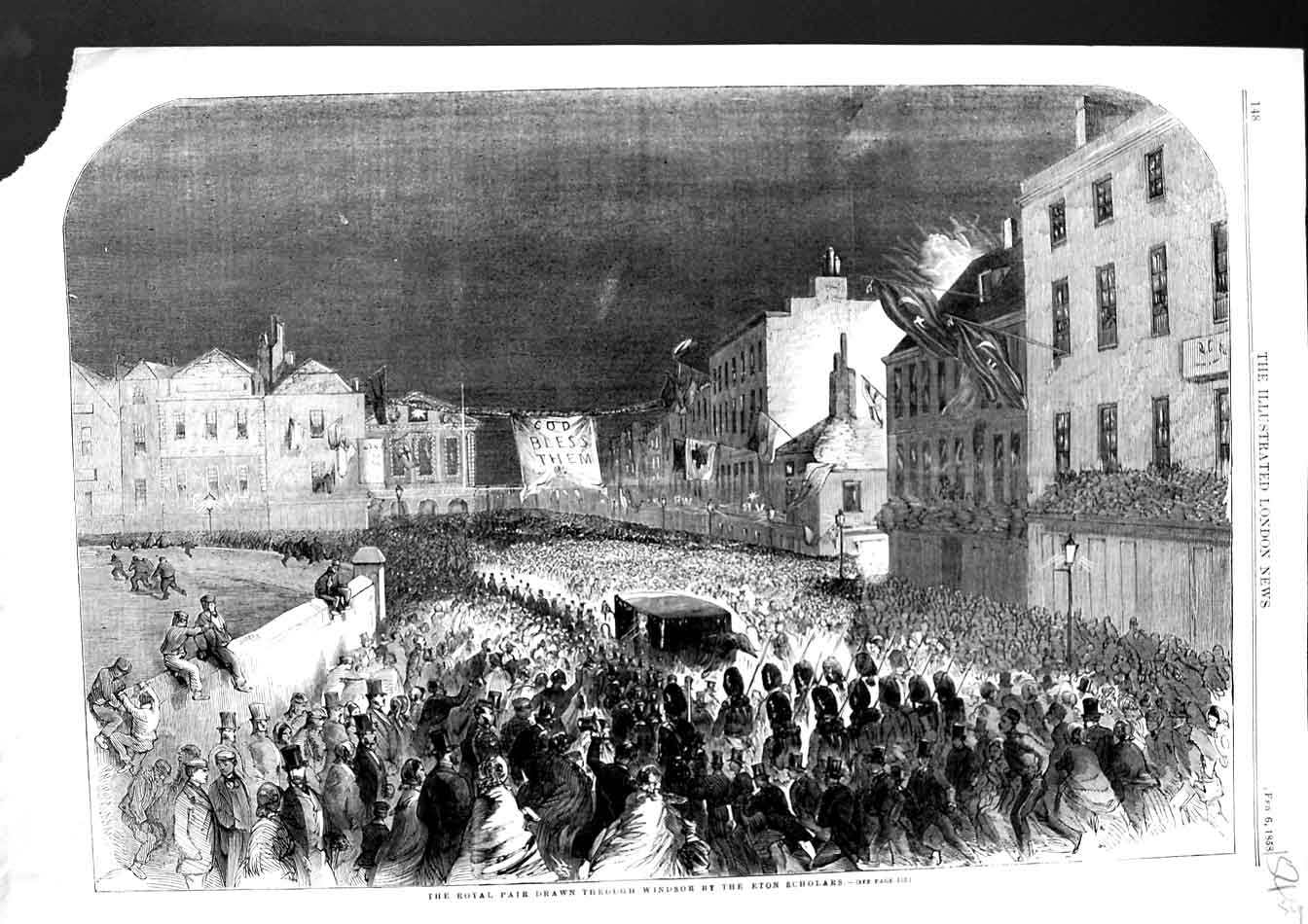 Original Old Antique Print 1858 Royal Carriage Windsor Street Eton School Boys