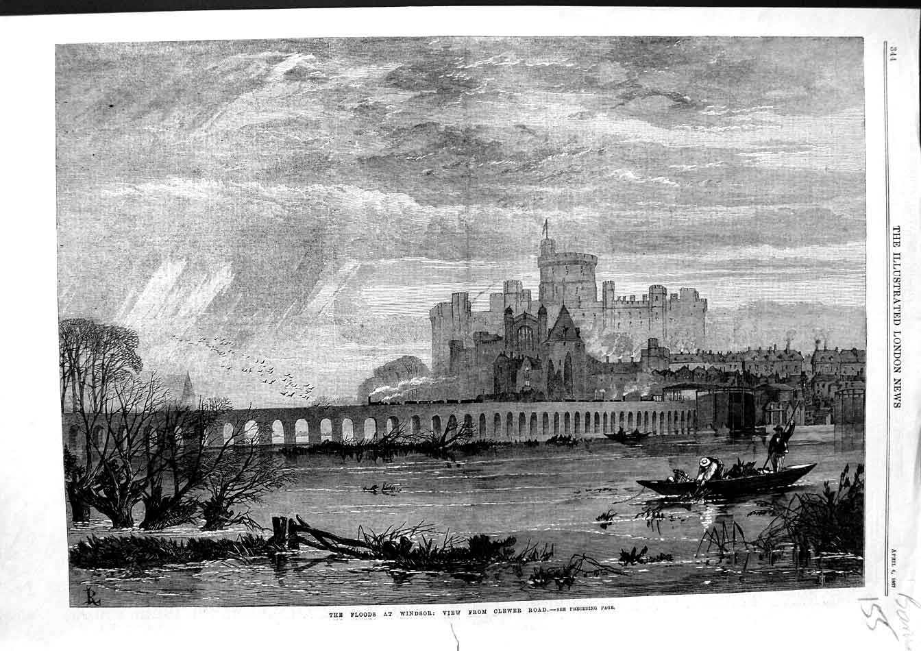 Original Old Antique Print 1867 Floods Windsor Castle River Thames Clewer Road