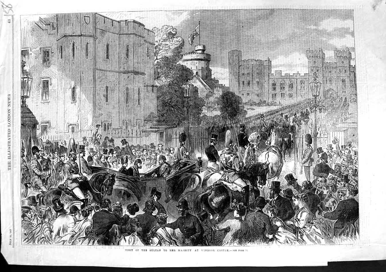 Old Antique Print 1867 Visit Sultan Majesty Queen Windsor Castle London 19th