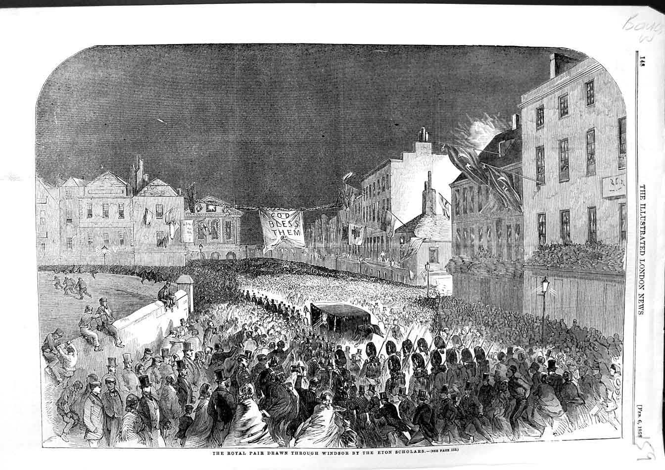 Original Old Antique Print 1858 Royal Carriage Windsor Eton School Boys 19th