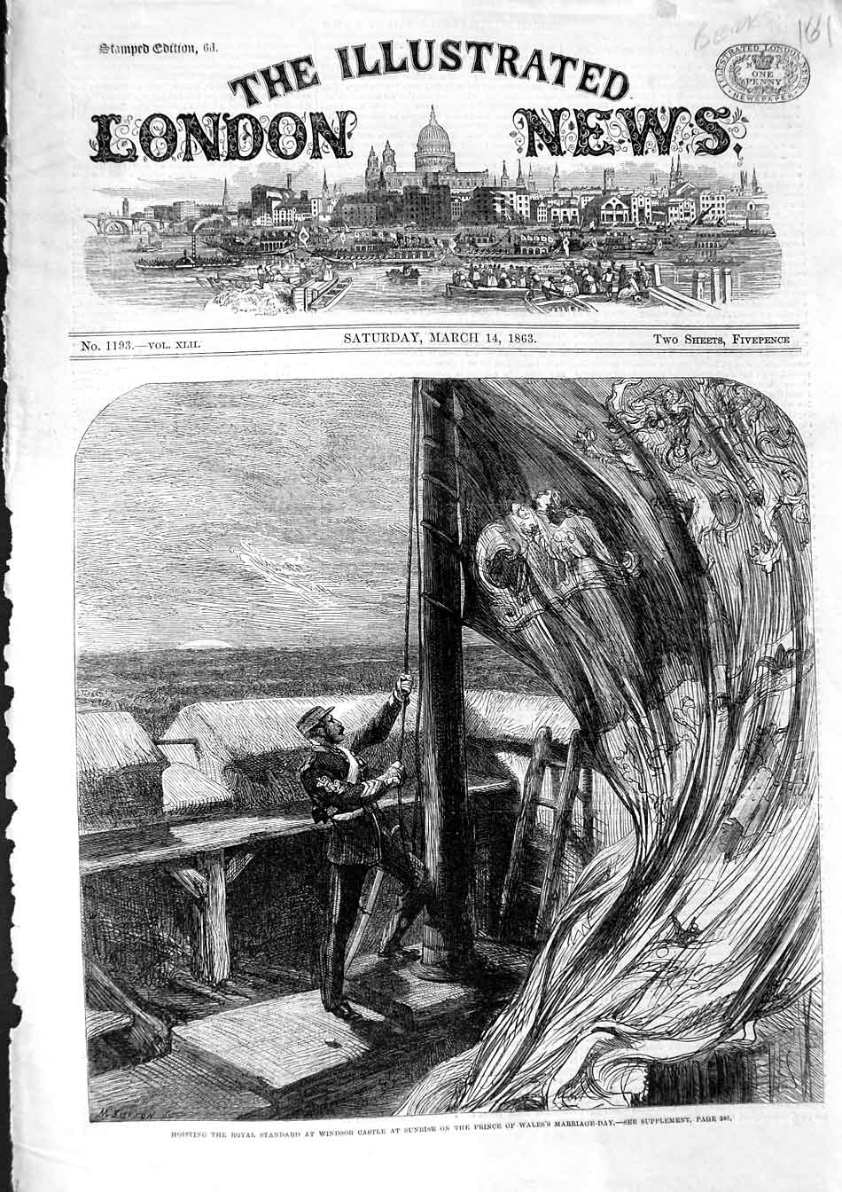 Original Old Antique Print 1863 Scene Hoisting Royal Standard Windsor Castle