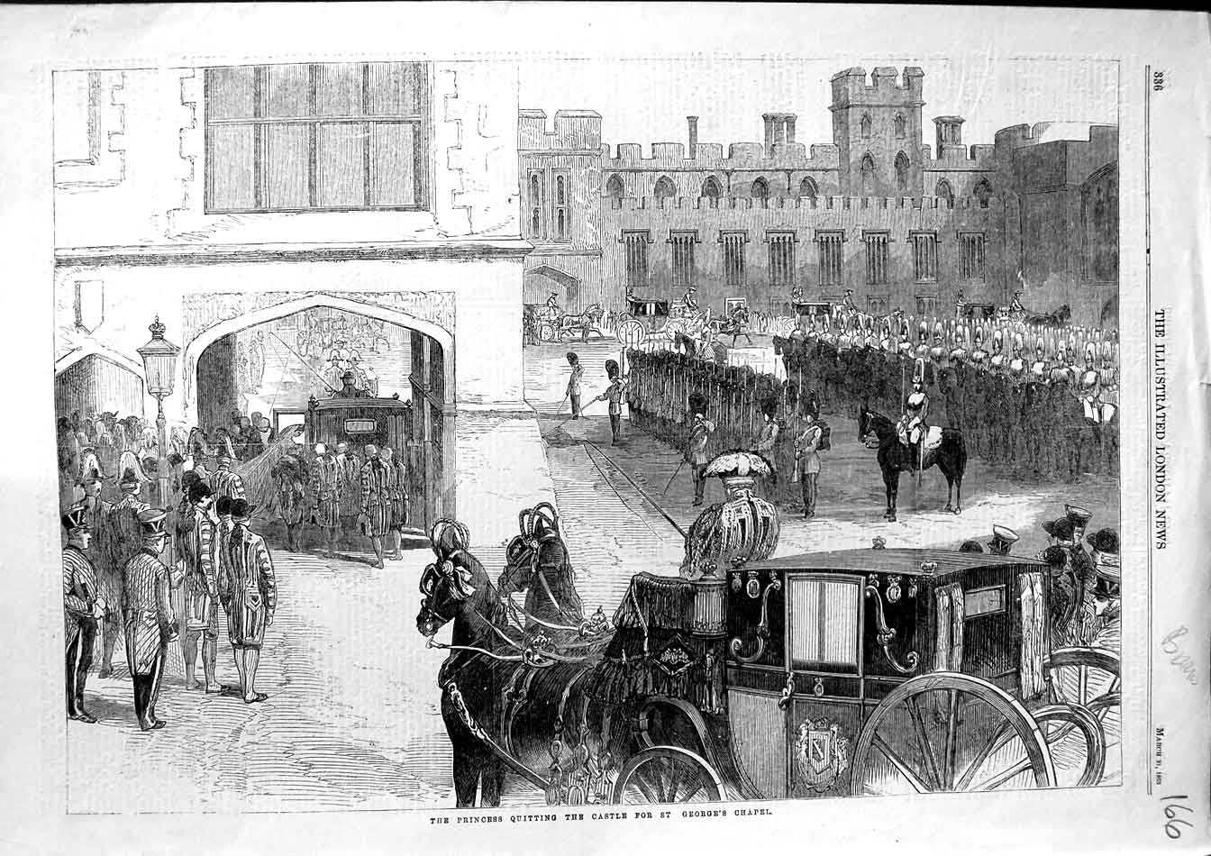 Original Old Antique Print 1863 Princess Leaving Windsor Castle Horses Carriage