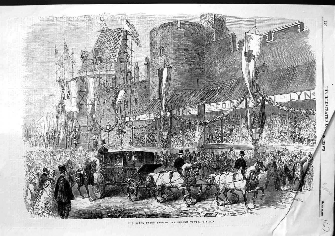 Original Old Antique Print 1868 Royal Party Passing Curfew Tower Windsor Castle