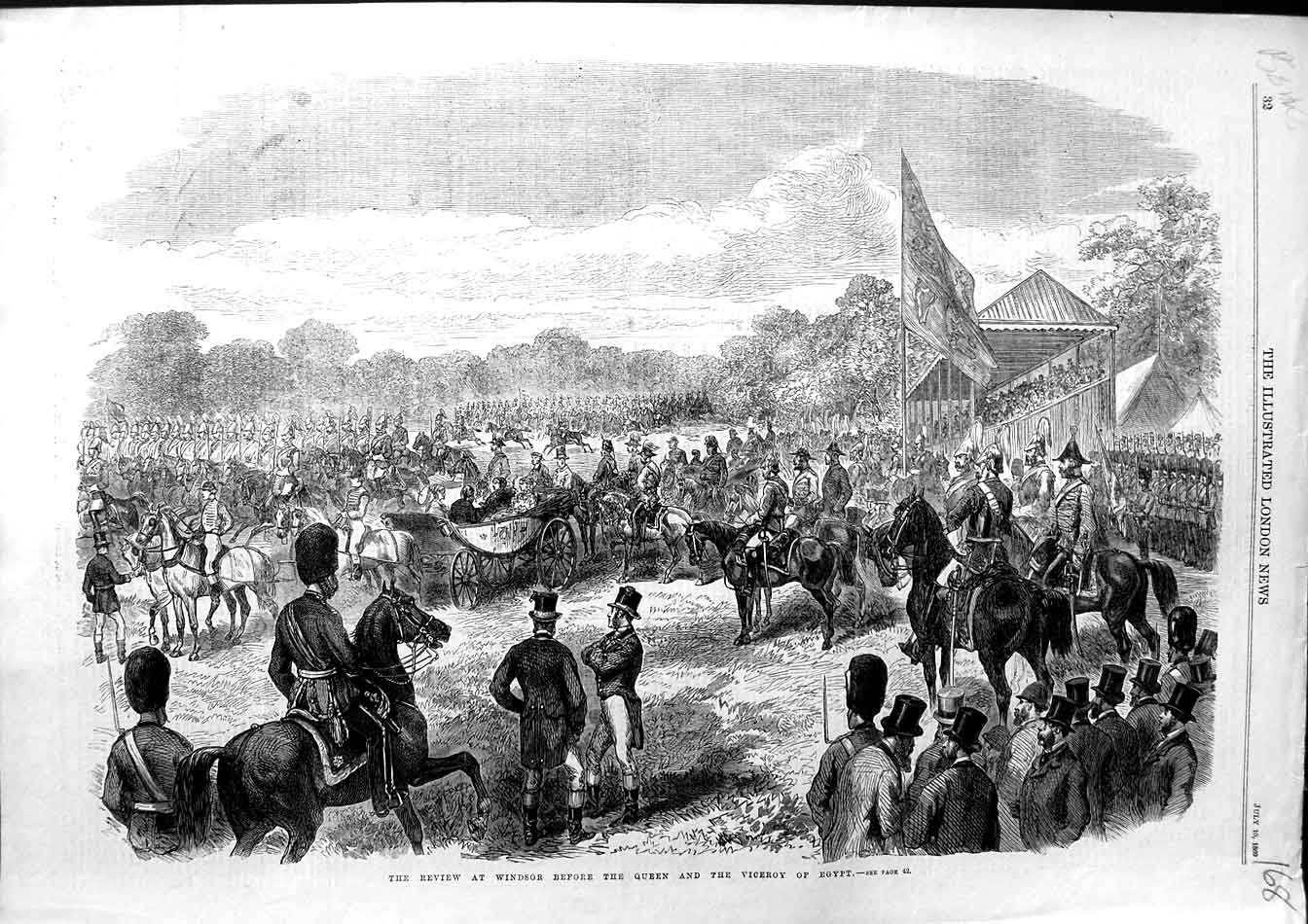 Original Old Antique Print 1869 Queen Viceroy Egypt Review Siers Windsor 19th