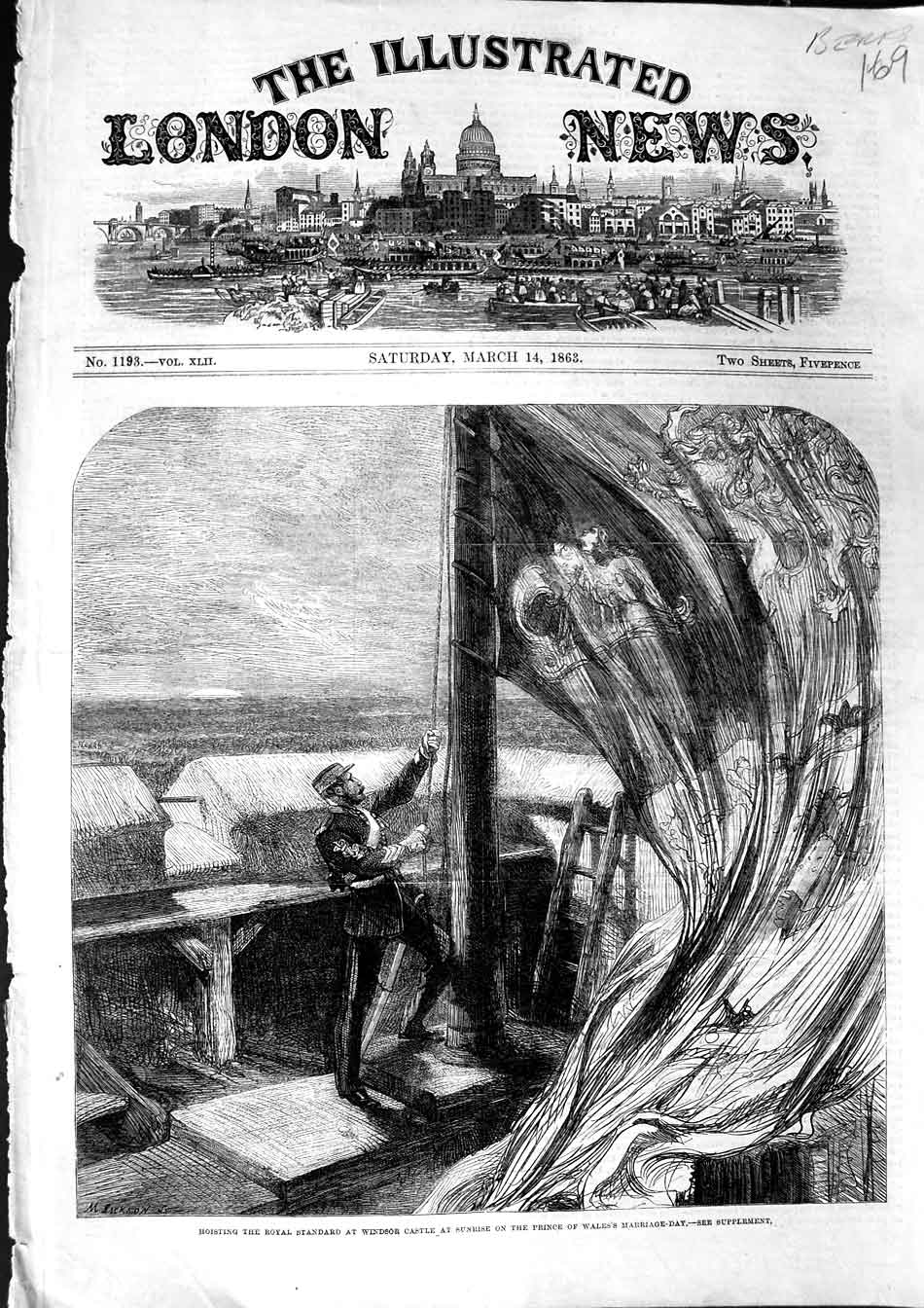 Original Old Antique Print 1863 Hoisting Royal Standard Windsor Castle Prince