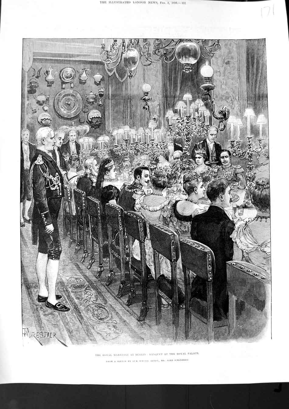 Original Old Antique Print 1893 Royal Marriage Berlin Banquet Royal Palace Art
