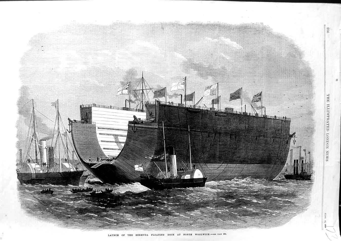 Original Old Antique Print 1868 Launch Bermuda Floating Dock North Woolwich