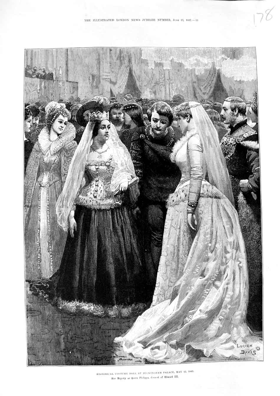 Original Old Antique Print 1887 Costume Ball Buckingham Palace Philippa Edward