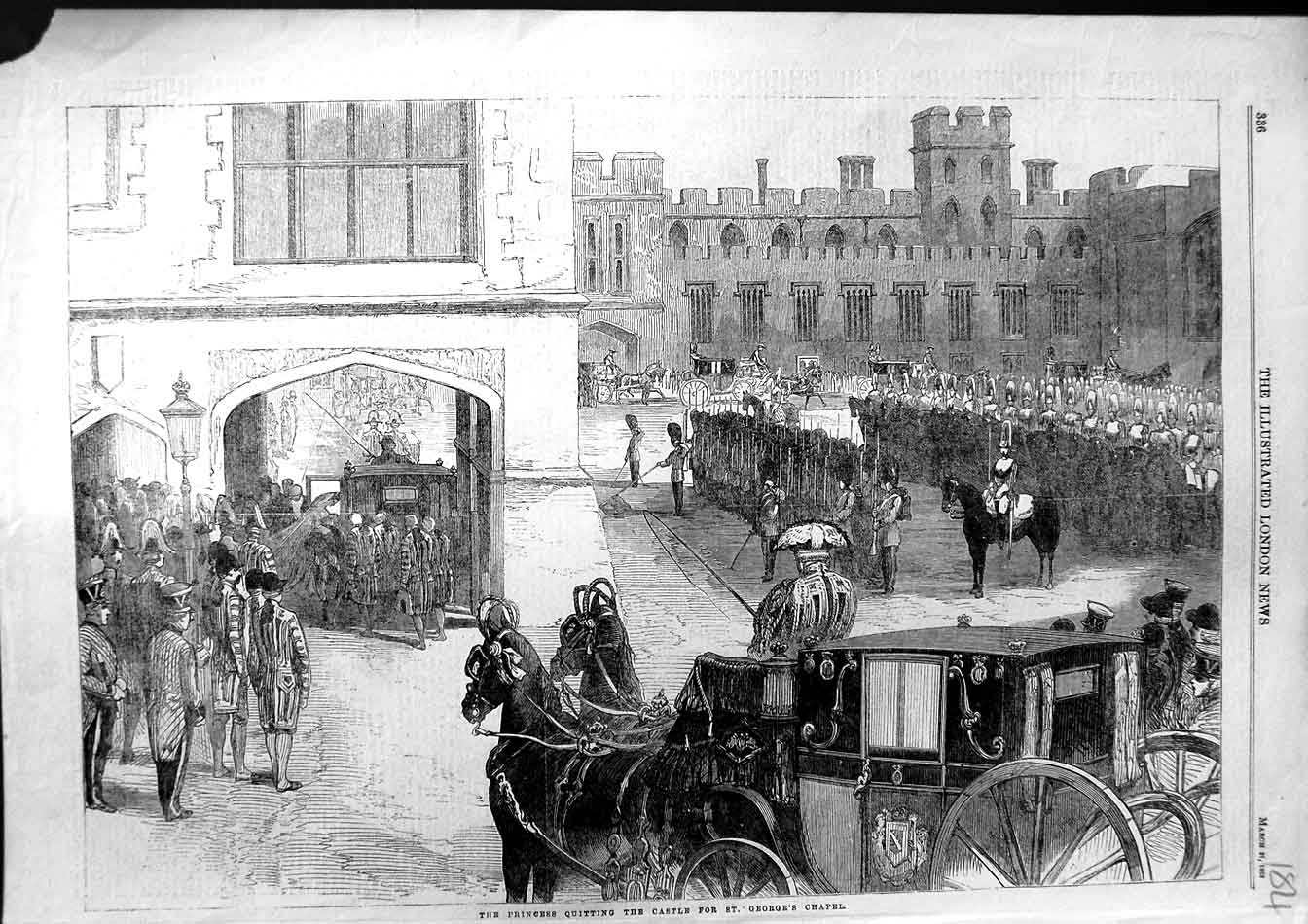 Old Antique Print 1863 Princess Quitting Windsor Castle Horses Carriage 19th