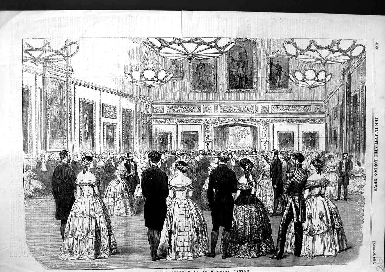 Original Old Antique Print 1855 Grand State Ball Windsor Castle London England
