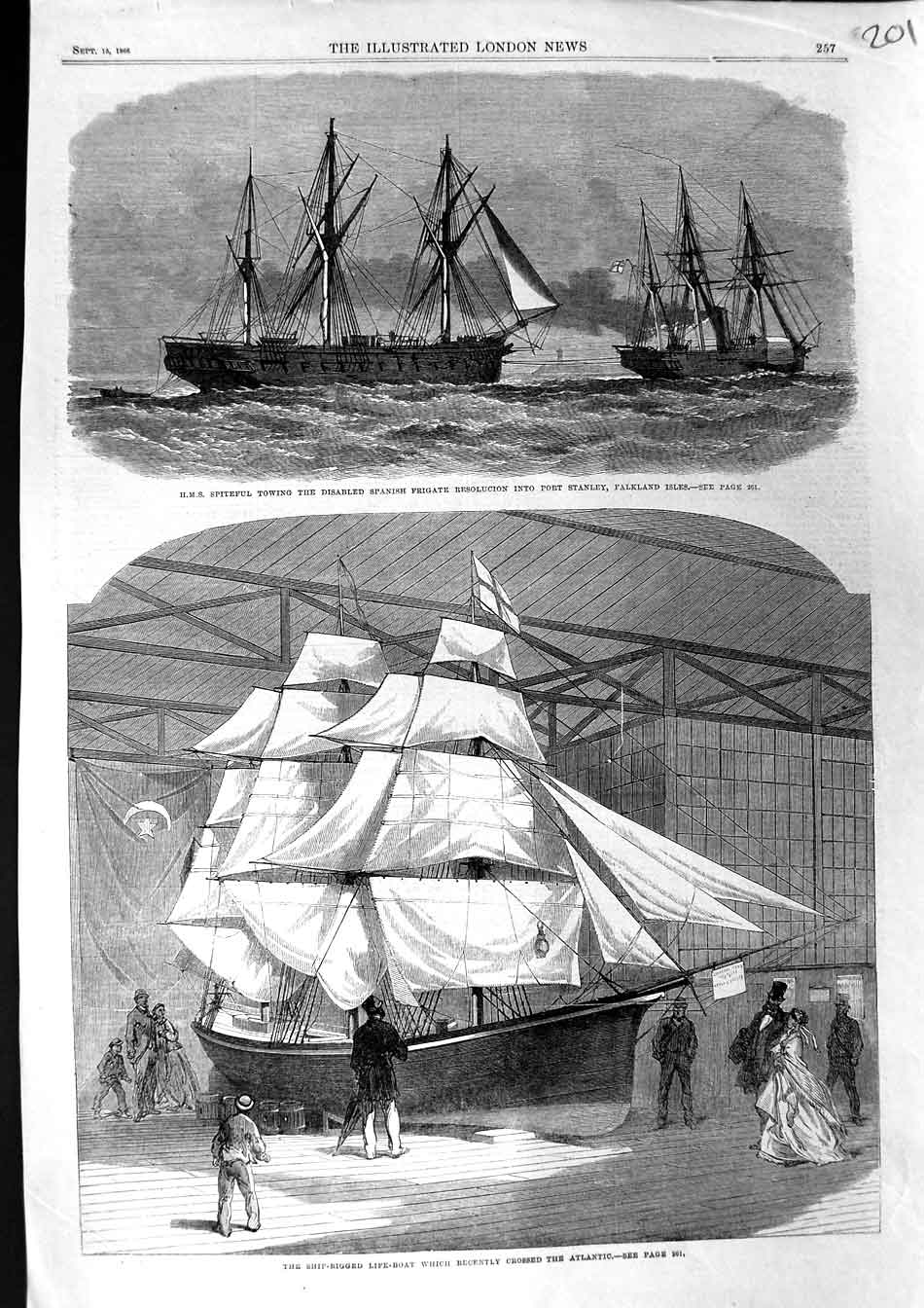 Old Antique Print 1866 Ship Spiteful Resolucion Falkland Isles Life-Boat 19th