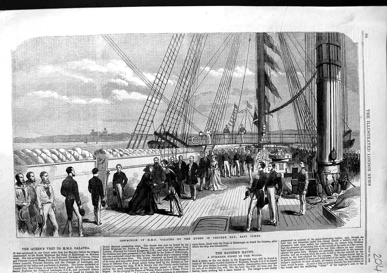 Old Antique Print 1868 Inspection H.M.S Galatea Ship Queen Osborne Cowes 19th