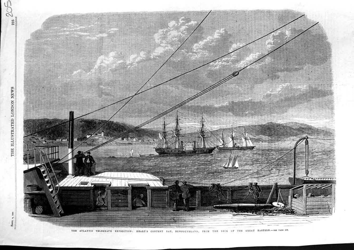 Old Antique Print 1866 Atlantic Telegraph Newfoundland Great Eastern Ship 19th