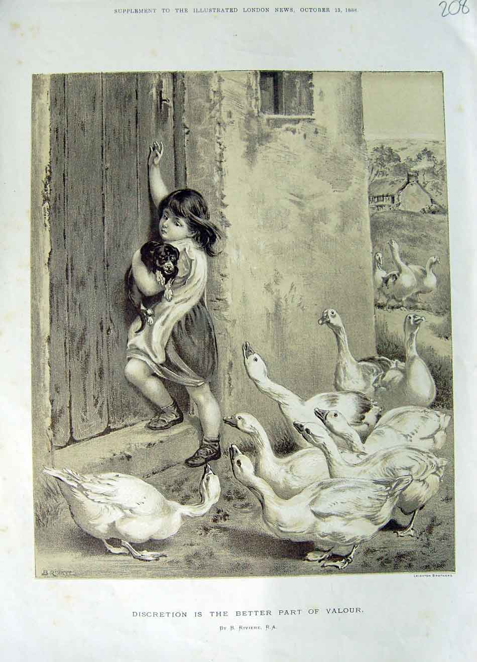 Original Old Antique Print 1888 Leighton Brother Little Girl Farm Dog Geese