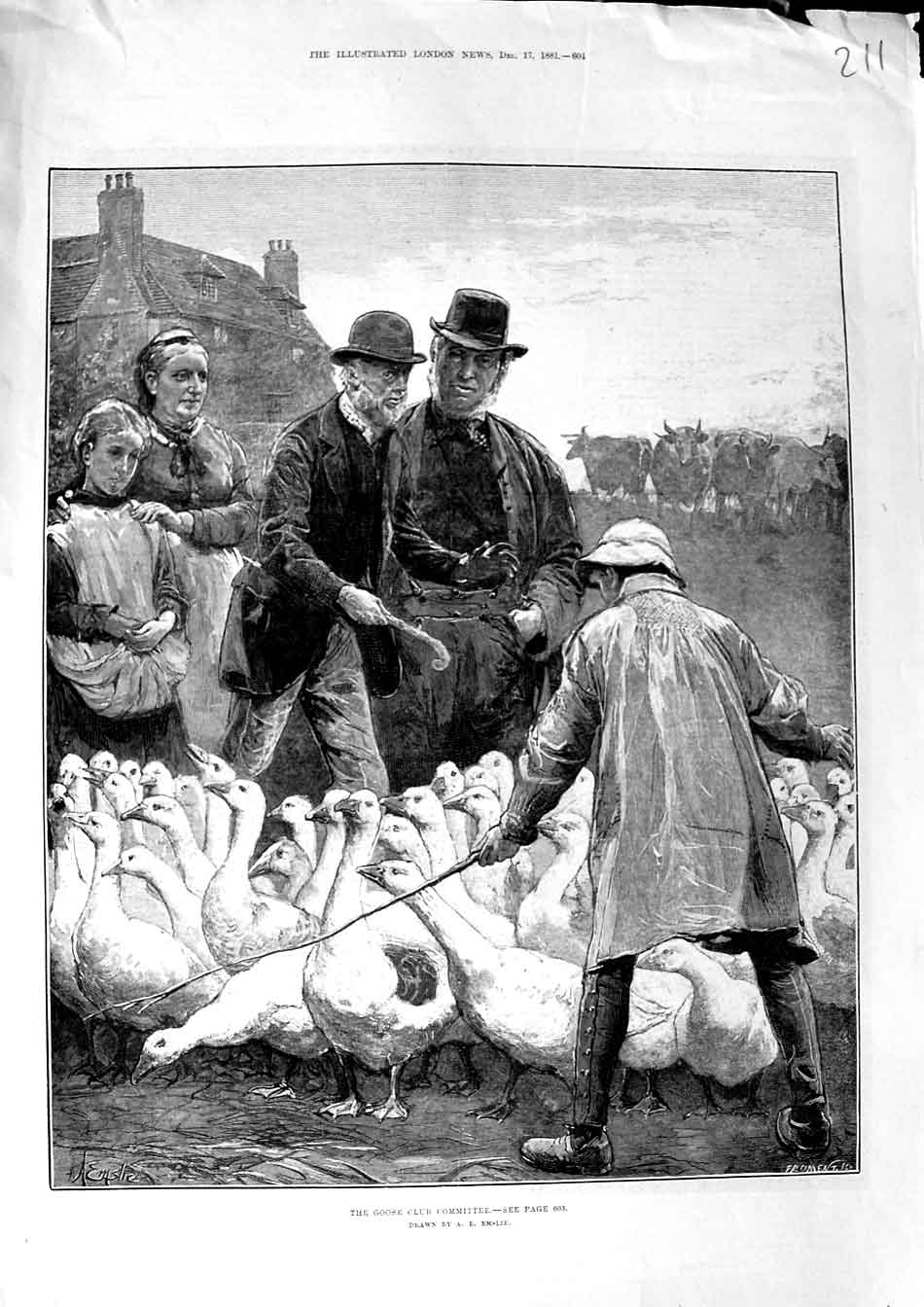 Original Old Antique Print 1881 Goose Club Committee Men Birds Fine Art Emslie