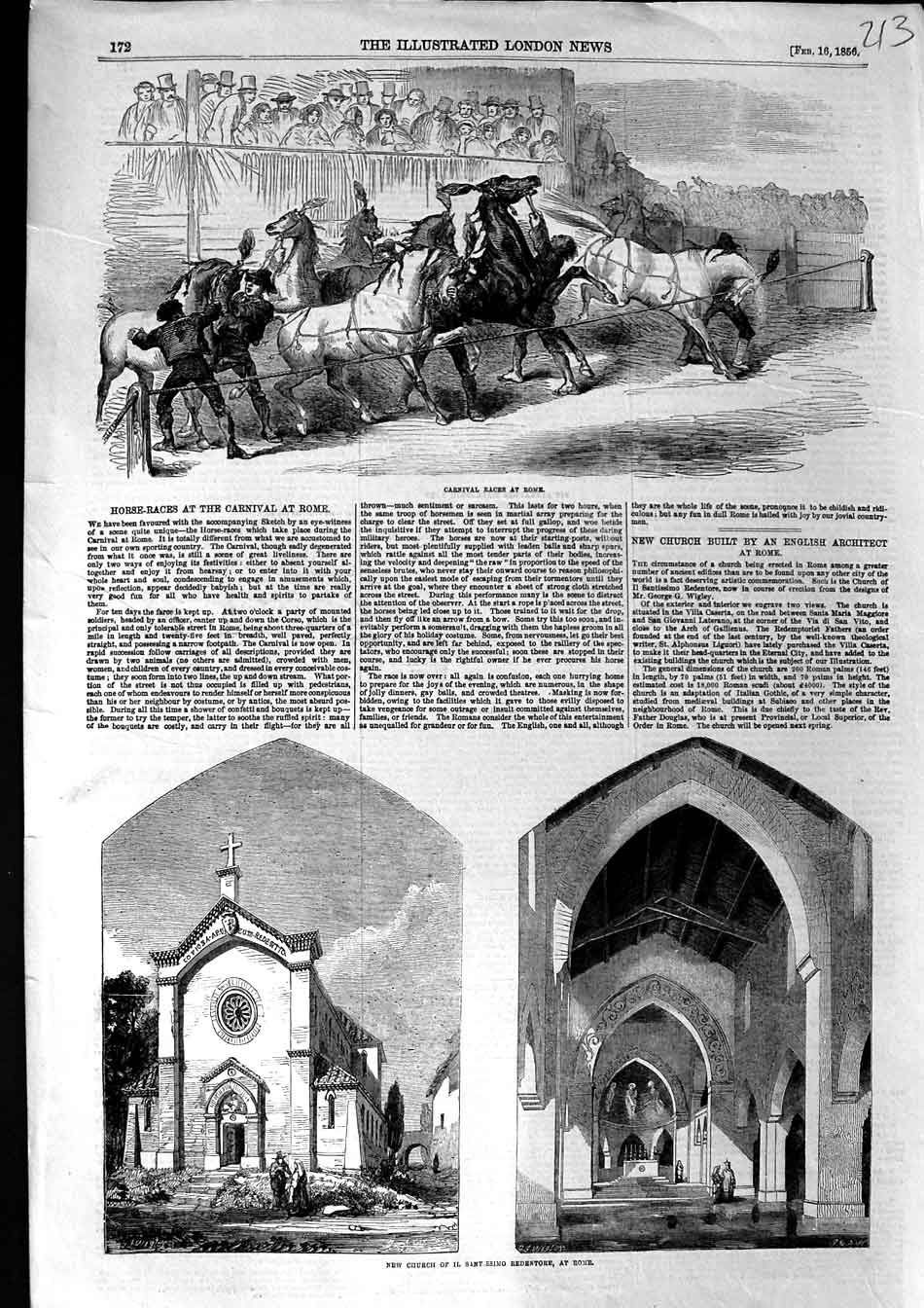 Original Old Antique Print 1856 Church Redentore Rome Carnival Horse Races 19th