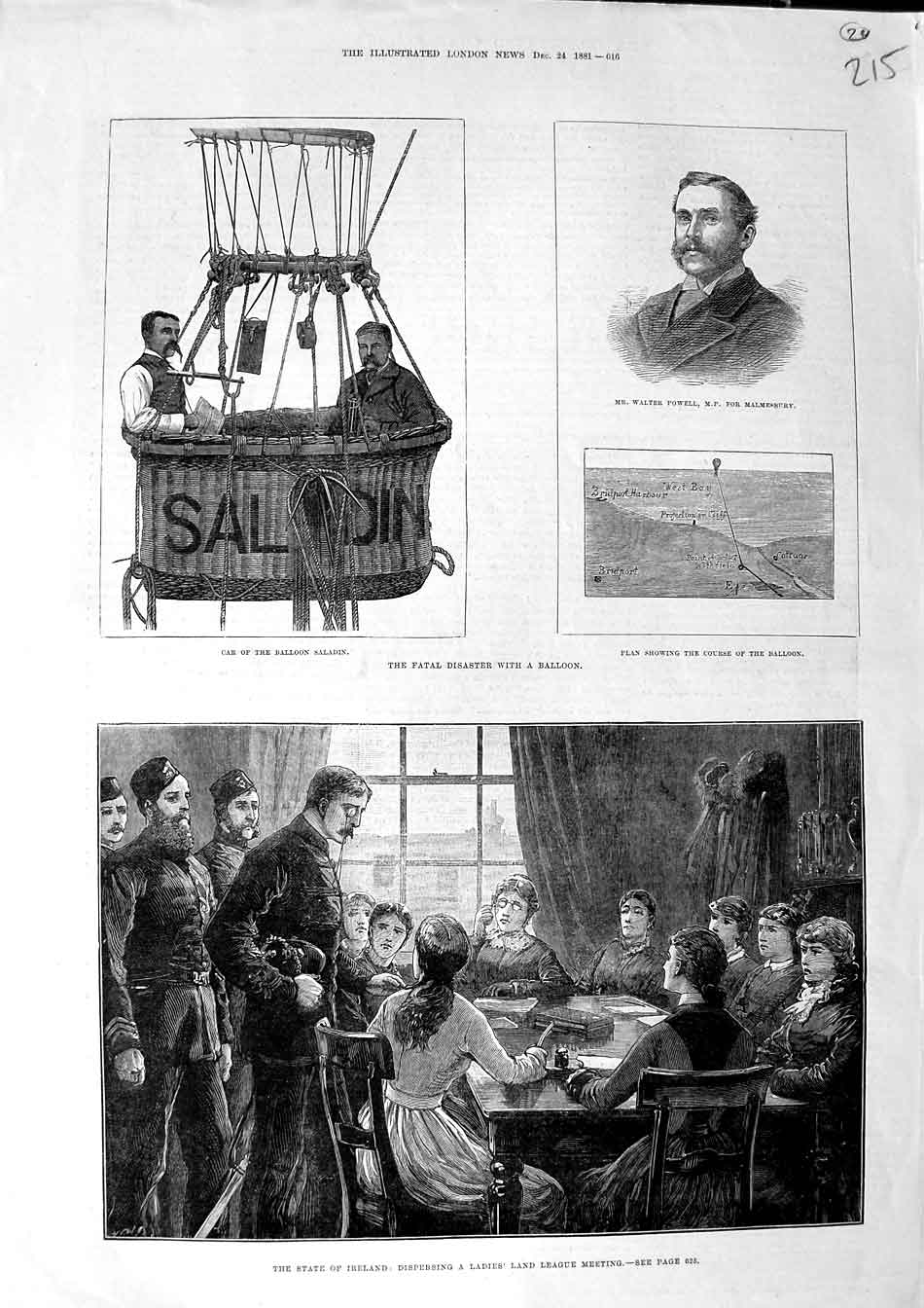 Original Old Antique Print Ireland Ladies League 1881 Powell Balloon Saladin