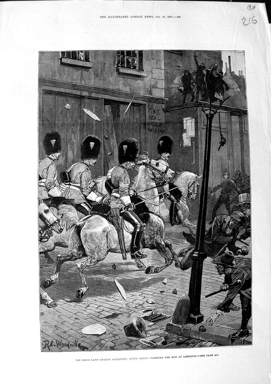 Old Antique Print 1881 Irish Land League Agitation Scots Greys Limerick 19th
