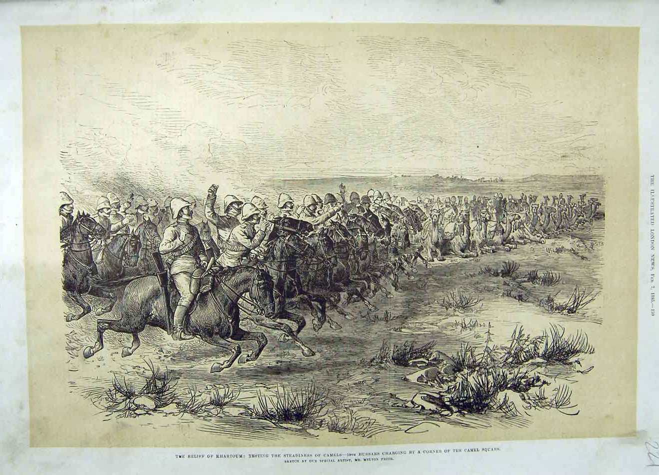 Original Old Antique Print 1885 Khartoum Camels Hussars Charging Melton Prior