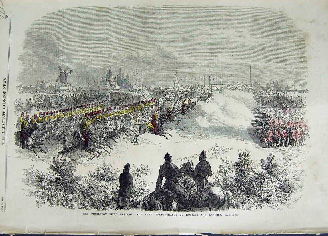 Old Antique Print 1869 Wimbledon Rifle Sham Fight Charge Hussars Lancers 19th