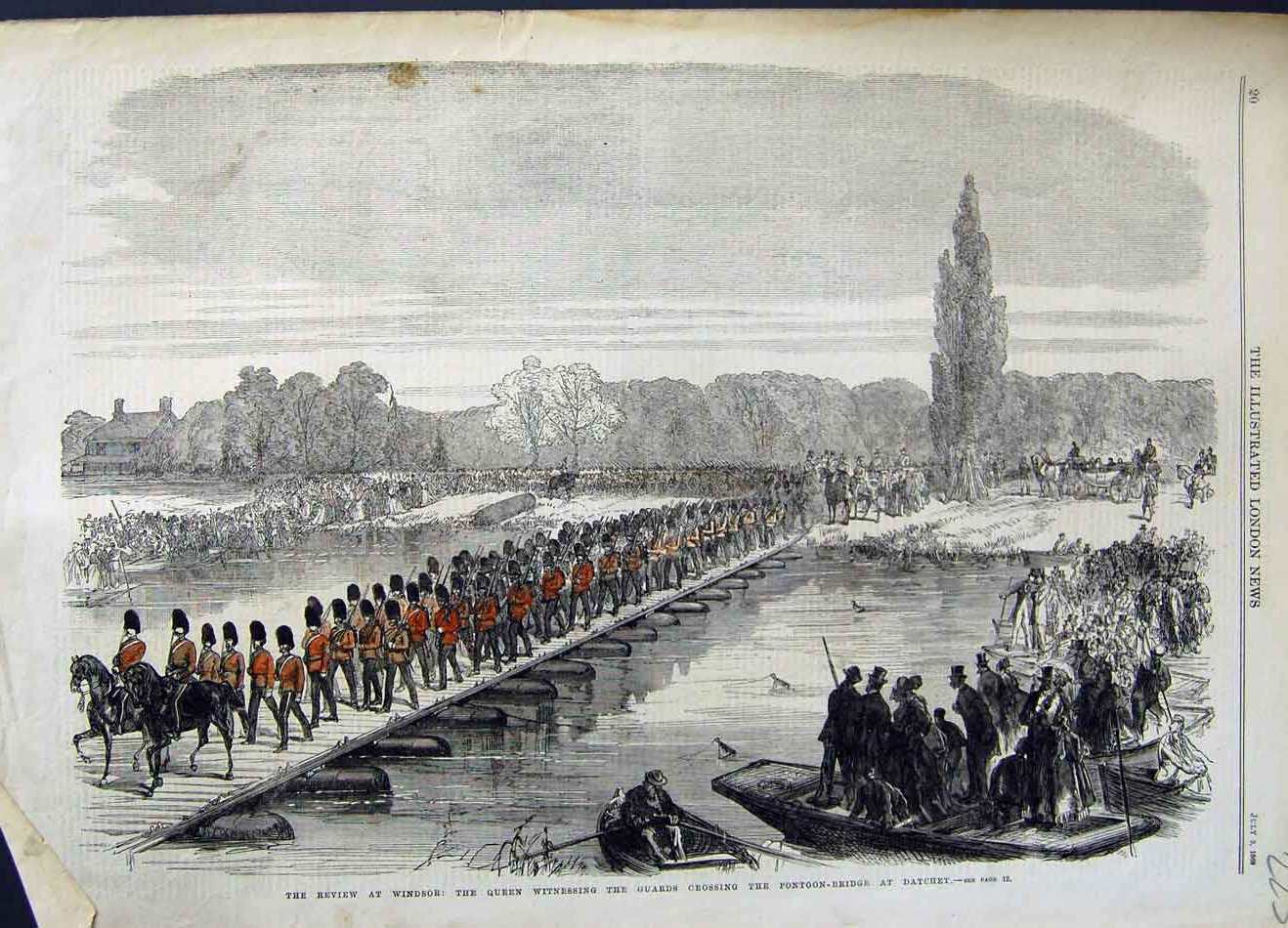 Original Old Antique Print 1869 Windsor Queen Guards Pontoon Bridge Datchet